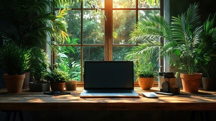 Fototapeta premium Laptop on a Wooden Desk with Plants and Window View.