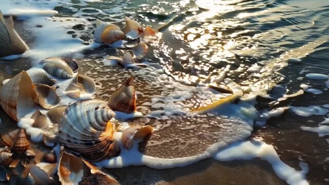 Seashells on the Shore: A captivating photo of seashells scattered on the beach, glistening in the warm sunlight as the tide gently washes over them, creating a peaceful and serene atmosphere. 