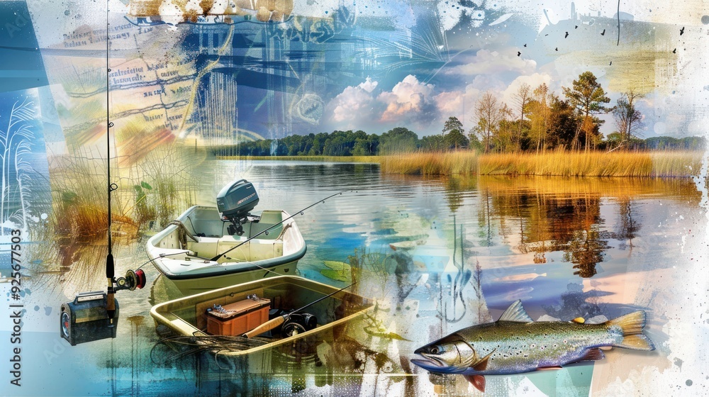 Poster Abstract Collage of Fishing and Nature.