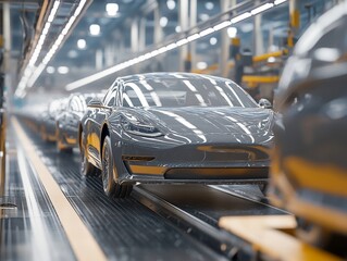 Modern car factory line  gray cars in paint process with glass headlights in industrial setting