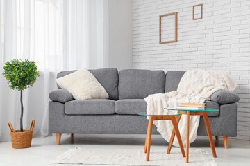 Comfortable sofa with plaid and pillow near coffee table with books in interior of living room