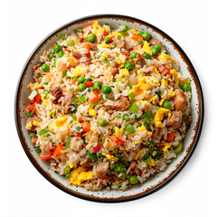 a bowl of rice with peas  carrots  and peas