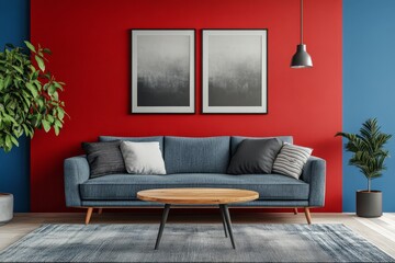 Minimalistic living room interior in red, gray, and blue with abstract wall art and elegant sofa