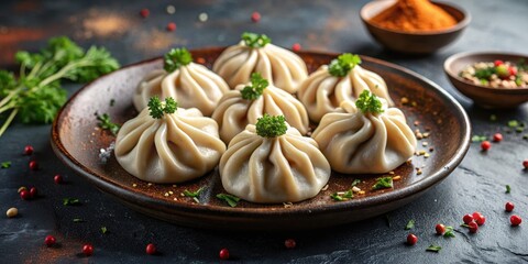 Georgian khinkali dumplings filled with seasoned meat, served hot, Georgian, khinkali, dumplings, meat, seasoned, hot