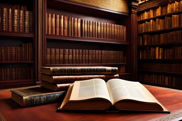 Fototapeta premium A bookcase full of books with a book open on a table