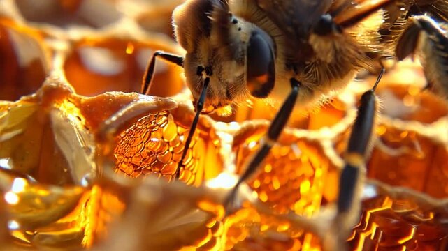Golden Honeycomb: A close-up of a honeybee working diligently on a honeycomb, showcasing the intricate details of nature's golden treasure.  