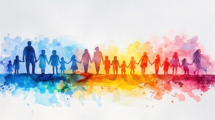 Create a watercolor banner featuring silhouettes of diverse age ranges, celebrating the themes of family, care, and mutual understanding between generations