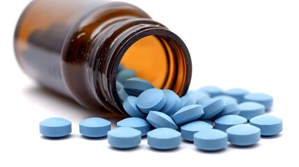 Brown pill bottle tipped over with blue tablets spilling out.
