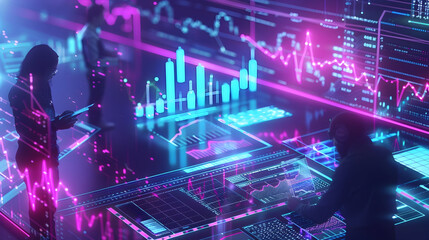 A 3D depiction of a futuristic neon investment firm, with analysts examining glowing charts and digital financial models
