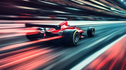Red Formula One Race Car Speeding Through Track.