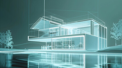 a futuristic 3D wire frame drawing of a house