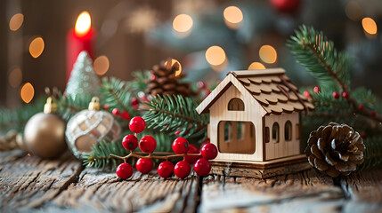A little wooden house and Christmas decoration on wooden table.