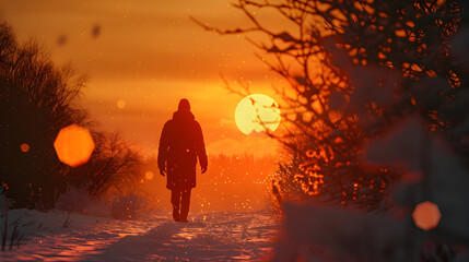 Fototapeta premium a lonely man walking in winter, sunset scene, generative ai technology