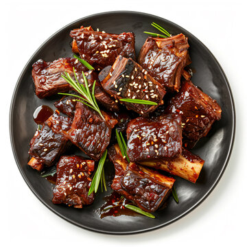 a plate of meat with sesame seeds and rosemary