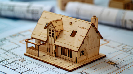 A wooden model of a house placed on top of blueprints, symbolizing real estate, sale, rental, and mortgage planning