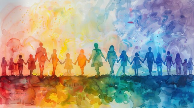 Generate a watercolor banner with diverse age group silhouettes, representing the celebration of family and mutual understanding across generations