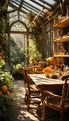 table and chairs in a garden with flowers and plants, panorama