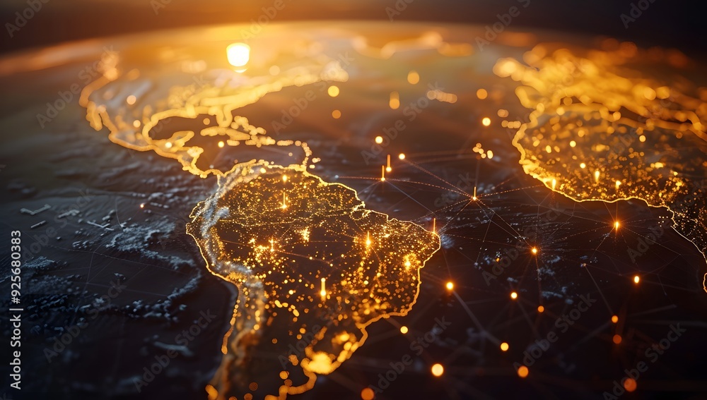 Wall mural global map with glowing connections between cities, representing the spread of digital network techn