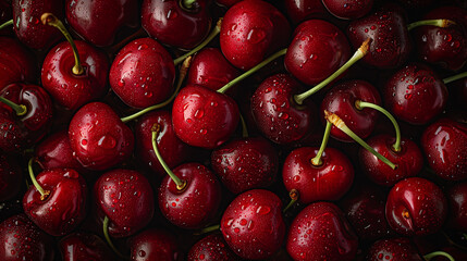 Close-up of fresh cherries with water droplets on a dark background