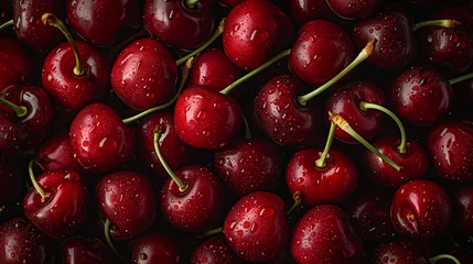 Close-up of fresh cherries with water droplets on a dark background