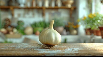 A view of fresh garlic bulb on a table in the kitchen. The background is blurred,