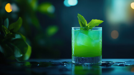 Refreshing green cocktail garnished with mint leaves served in a glass with ice cubes against a bokeh background.