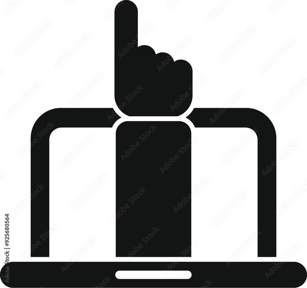 Sticker Black silhouette of a hand with the index finger pointing up from a laptop screen, representing digital marketing concepts