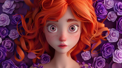 animation red hair girl with a violet dress, big eyes and roses 3d illustration