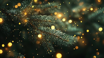 Elegant Festive Pine Branches with Golden Lights, Bokeh Effect Background for Christmas and New Year Celebrations, Abstract Nature Design with Space for Text and Web Banners