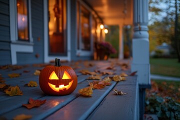 Obraz premium Autumn themed outdoor decoration glowing jack o lantern on porch with falling leaves in motion