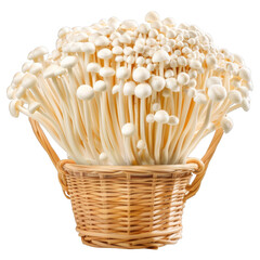 White Enoki Mushrooms in a Wicker Basket
