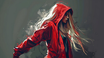 cool modern hip hop dancer girl in a red hoodie, concept art blonde woman