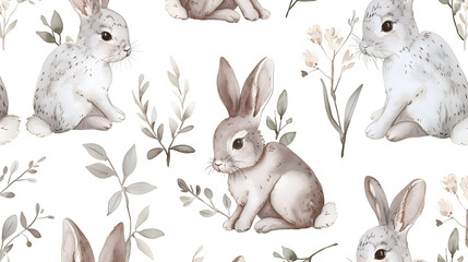 Fototapeta premium Cute baby rabbit animal seamless pattern, forest illustration for children clothing. Woodland watercolor Hand drawn boho image for cases design, nursery posters