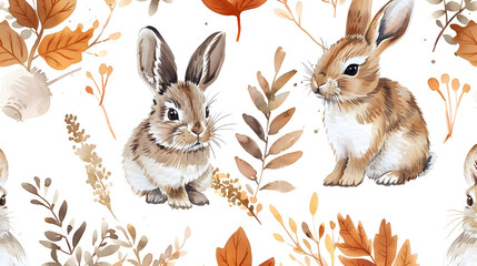 Obraz premium Cute baby rabbit animal seamless pattern, forest illustration for children clothing. Woodland watercolor Hand drawn boho image for cases design, nursery posters