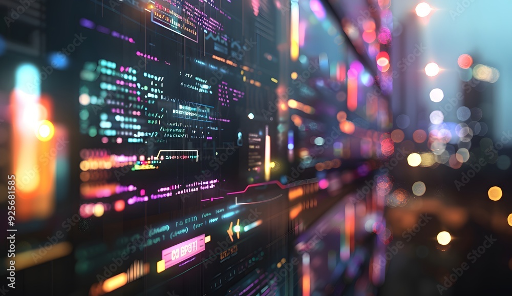 Poster a futuristic digital interface displaying an array of web design tools and code elements, with glowi