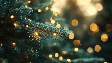 Elegant Festive Pine Branches with Golden Lights, Bokeh Effect Background for Christmas and New Year Celebrations, Abstract Nature Design with Space for Text and Web Banners