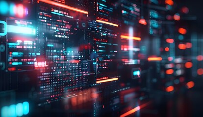 Obraz premium A futuristic digital interface displaying an array of web design tools and code elements, with glowing lines representing data flow between them,