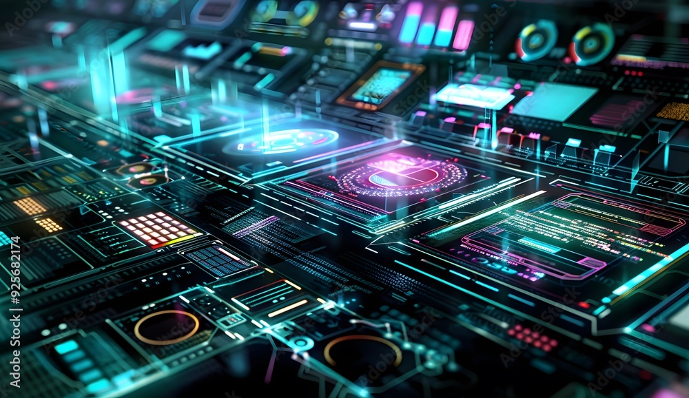 Poster a futuristic digital interface displaying an array of web design tools and code elements, with glowi