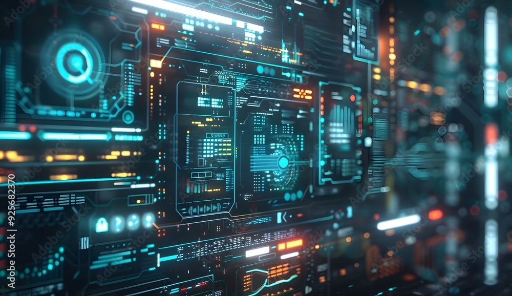 Poster a futuristic digital interface displaying an array of web design tools and code elements, with glowi