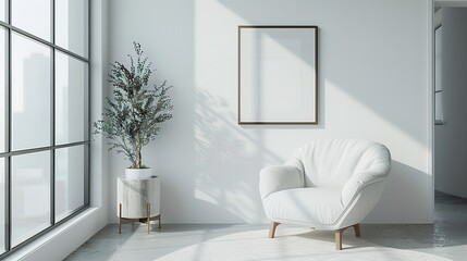 A minimalist living space featuring a cozy white sofa, a blank picture frame, and a small potted plant, bathed in natural light.