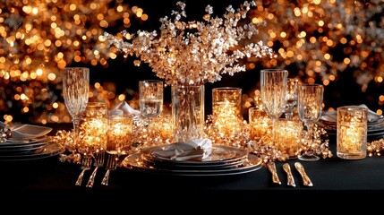 Elegant table setting adorned with twinkling lights and beautiful decorations, perfect for special occasions and celebrations.