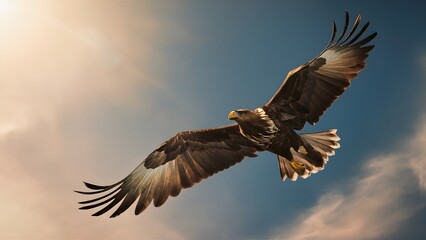 Obraz premium Martial Eagle Flying with Blue Sky Background, Realistic Photo, Pattern Background, Wallpaper, Cover and Screen for Smartphone, Cell Phone, Computer, Laptop