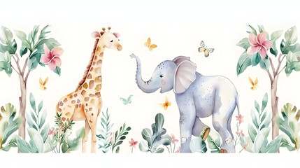Fototapeta premium Hand drawn watercolor elephant and giraffe dancing animals . Boho illustration, jungle tree, brazil trendy art. Perfect for fabric design. Aloha collection