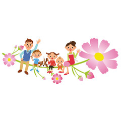 秋桜に座って秋を満喫する家族