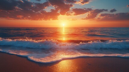 Obraz premium Sunset over the Ocean with Waves Crashing on the Beach.