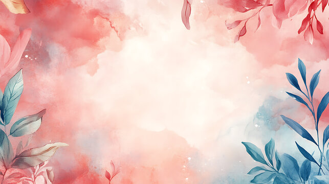 beautiful watercolor background featuring soft pink and blue hues with delicate leaves and floral elements, evokingserene and artistic atmosphere.