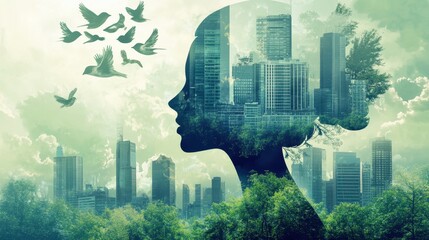 Cityscape and Birds Double Exposure.