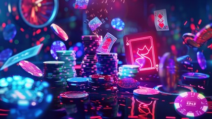 Neon Casino Night: Stacks of Chips and Flying Cards