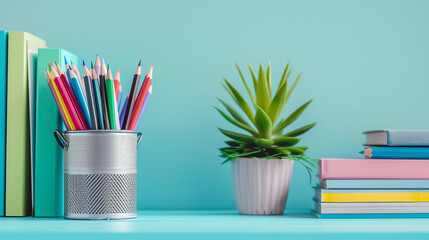 Obraz premium Colorful pencils in a holder with succulents and stacked books on a blue desk