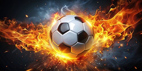 Fototapeta premium Flaming soccer ball with fiery sparks surrounds a modern sports logo, symbolizing passion, energy, and competitive spirit in a high-stakes championship game atmosphere.